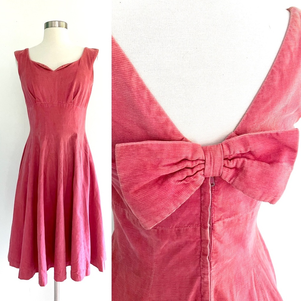 Vintage 50’s dusty pink corduroy fit & flare bow dress